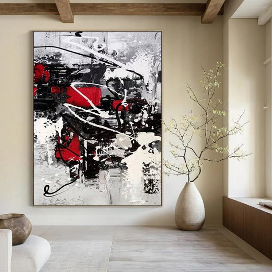“Black, White, Red Dynamic Splashes ‘Vibrant Chaos’” - Impasto Abstract Painting On Canvas DTP383