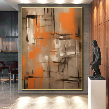 “Orange - Gray Abstract Grid” ，Abstract Acrylic Painting CT0816