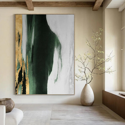 “Gold, Green & White Abstract” - Gold, Green, White & Black Abstract Painting On Canvas DKH1204