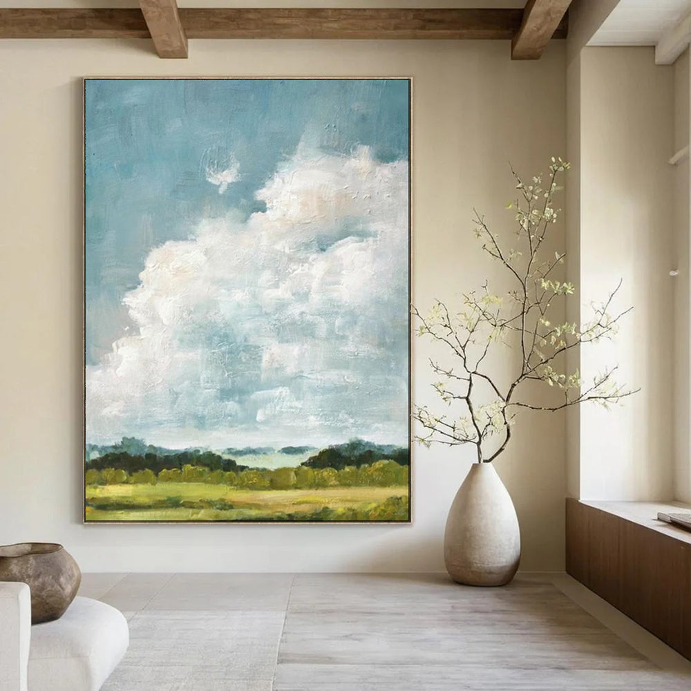 “Sky’s Embrace: Fluffy Clouds Over Fields” - Impasto Landscape Oil on Canvas CT1878