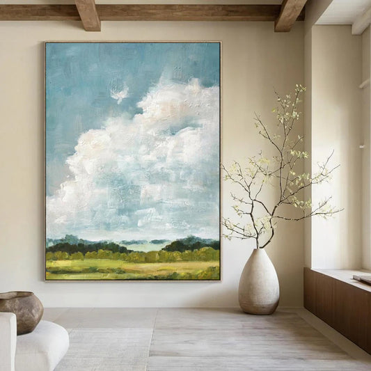 “Sky’s Embrace: Fluffy Clouds Over Fields” - Impasto Landscape Oil on Canvas CT1878