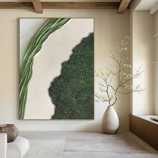 “Green, White, Textured Nature ‘Leafy Contrast’” - Minimalist Abstract Painting On Canvas DTP316
