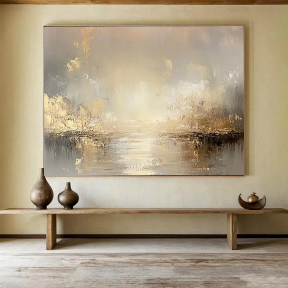 Gold Accent River Landscape Painting On Canvas DKH323