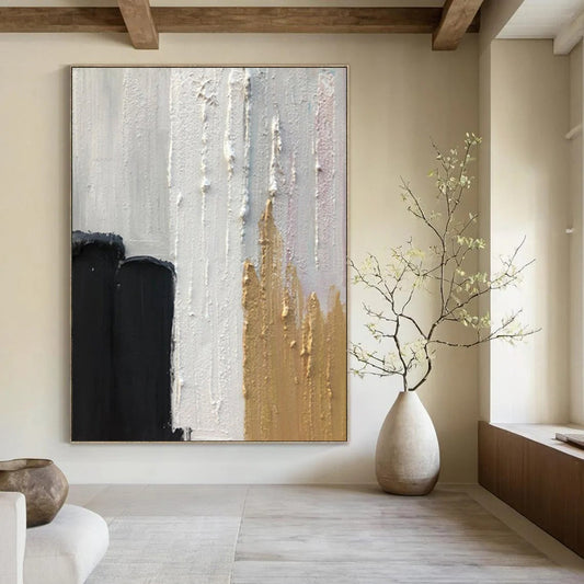 “Black, White, Gold Swirl ‘Elegant Energy’” - Abstract Impasto Painting On Canvas DTP397