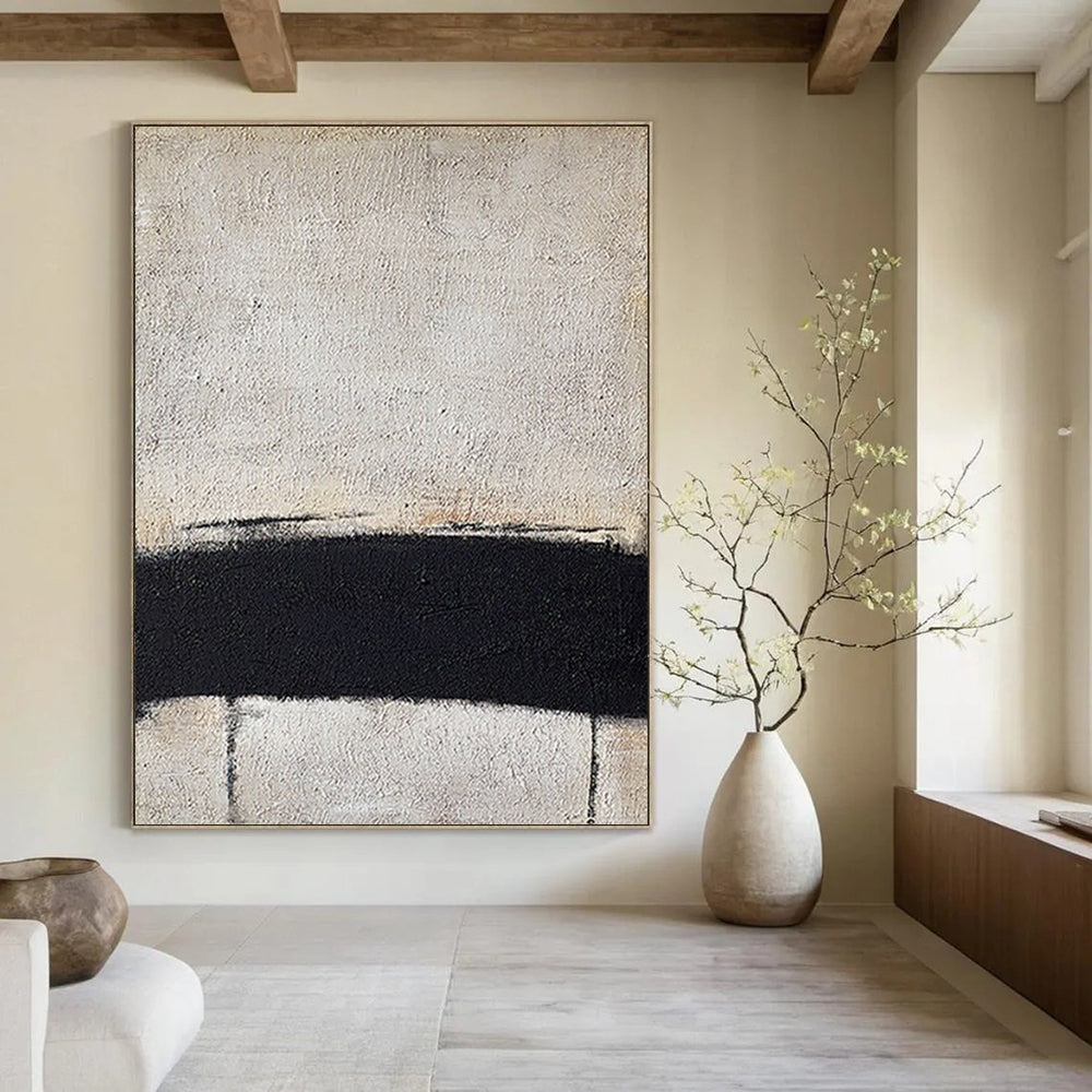 “Black, White Minimalist Line ‘Essence of Form’” - Textured Abstract Painting On Canvas DTP353