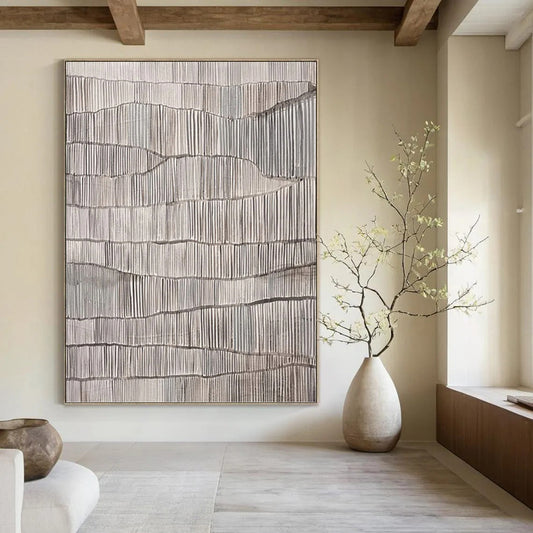 “Repetitive Gray Ridges” - Gray & White Minimalist Textured Painting On Canvas DKH1034
