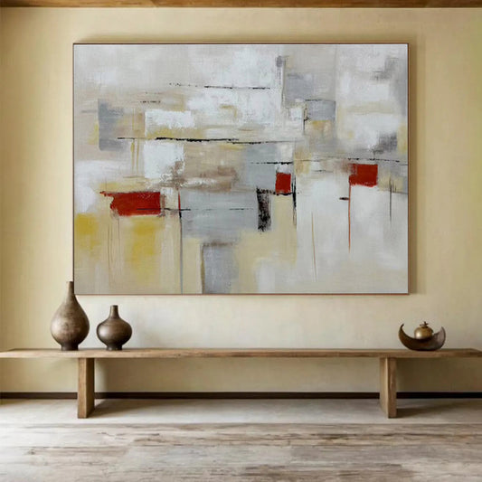 “Neutral Tones Abstract Geometry” - Beige, Gray, Red Minimalist Abstract Painting On Canvas DKH750