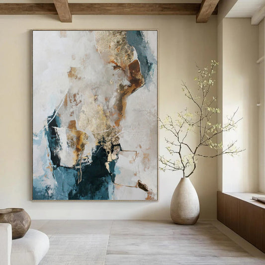 “Blue, Gold & White Abstract” - Blue, Gold & White Coastal - Inspired Painting On Canvas DKH1010