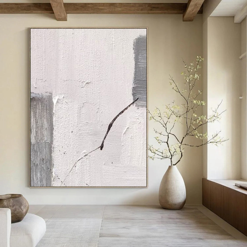 “Gray, White, Black Textured Line ‘Fragile Connection’” - Impasto Abstract Painting On Canvas DTP363