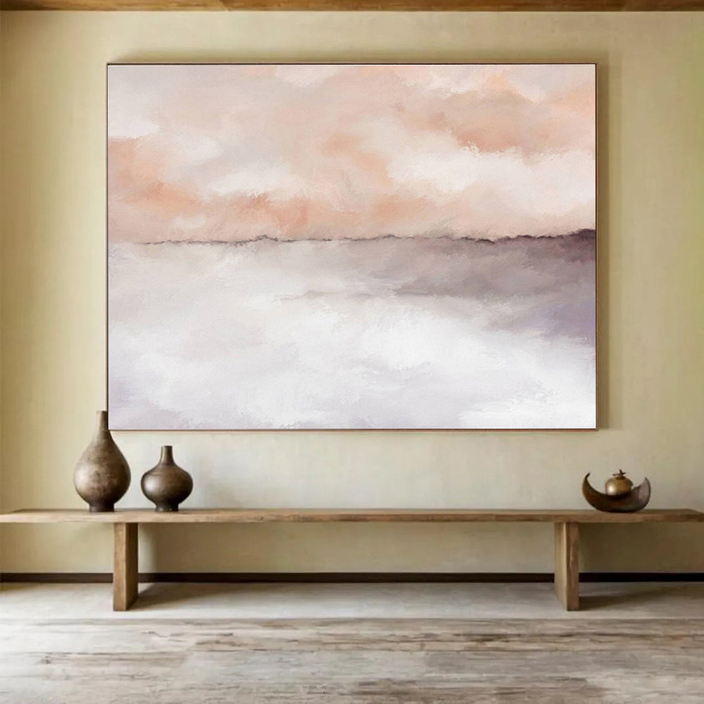 “Blush & Gray Abstract Horizon” Abstract Tonalist Painting On Canvas DKH418