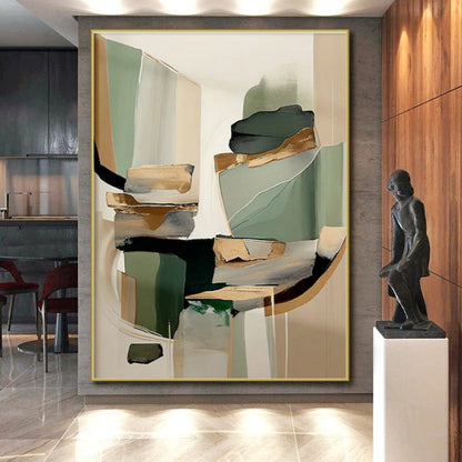 Green, Beige & Gold Geometric Forms, “Elegant Abstraction” - Mixed - Media Abstract Painting CT0764