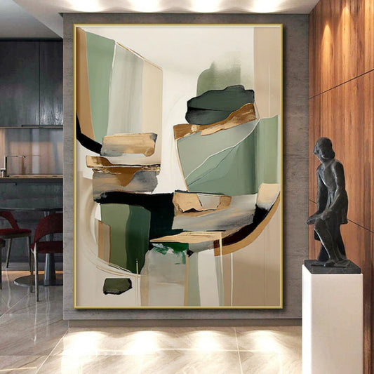 Green, Beige & Gold Geometric Forms, “Elegant Abstraction” - Mixed - Media Abstract Painting CT0764