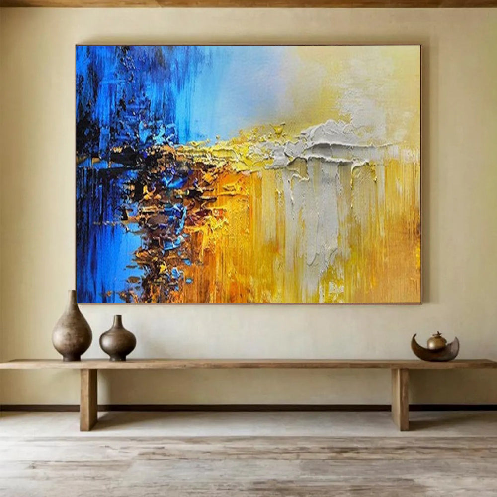Blue, Yellow, and Gray Abstract - Textured Landscape Painting On Canvas DLZ179