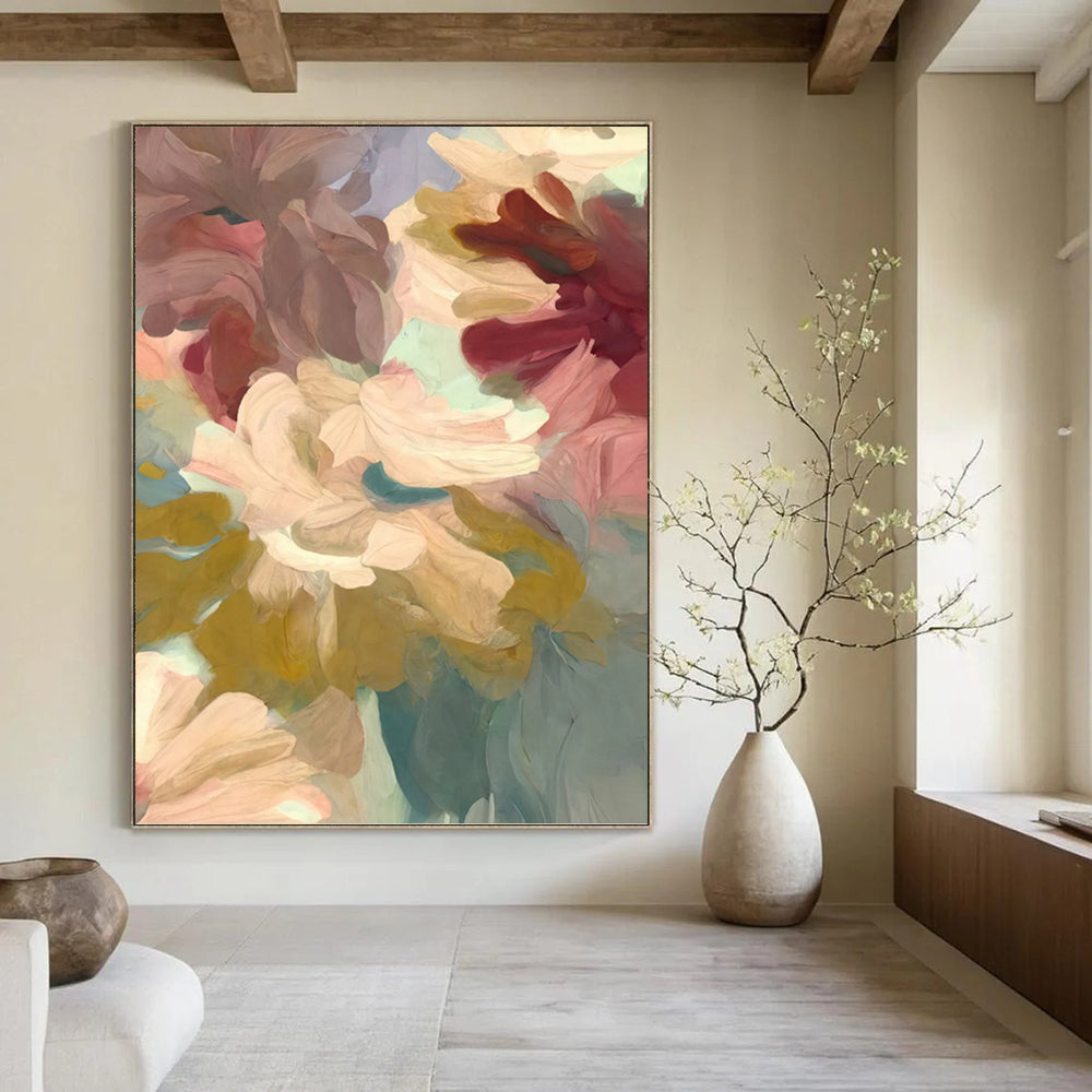 Blush and Teal Floral Dream - Ethereal Flower Painting On Canvas DKH1353