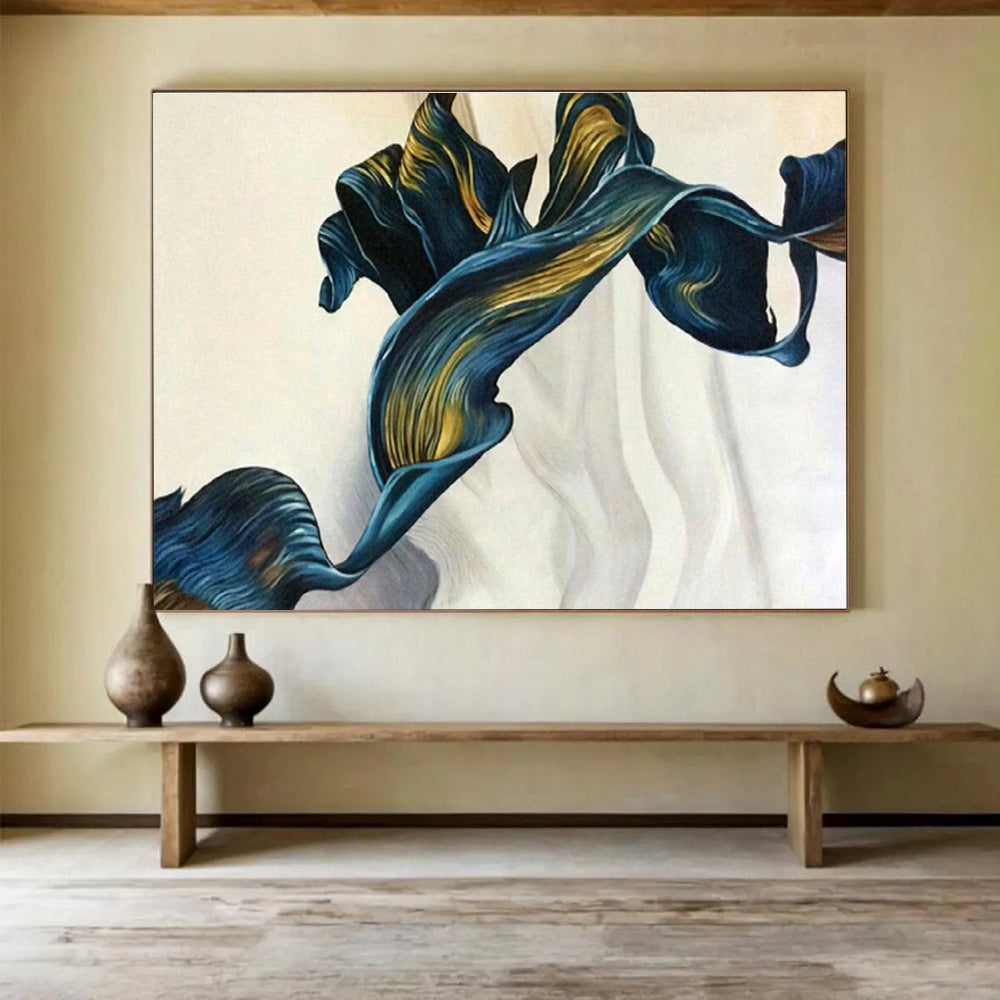 Blue and Gold Ribbon - Like “Ethereal Fabric Flow” Painting On Canvas DKH160