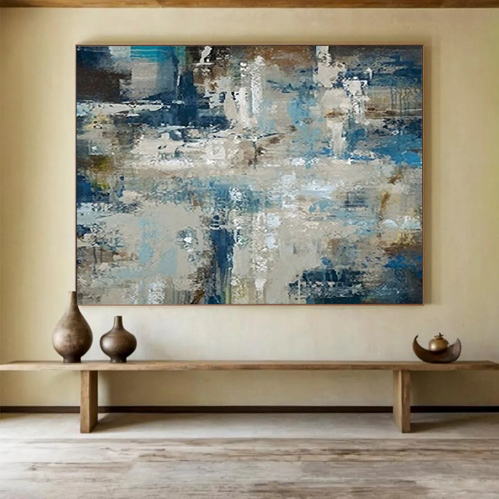 “Blue, Gray, Abstract Scene ‘Urban Coastal Fusion’” - Abstract Cityscape Painting On Canvas DLZ036