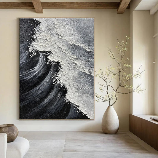 Black, White & Grey, Dynamic Wave - "Sea Rage" - Textured Abstract Acrylic Painting CT1484