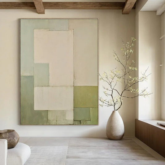 Soft Greens & Neutrals, Geometric Blocks - "Gentle Geometry" - Abstract Acrylic Painting CT1444