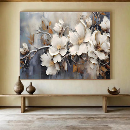 “Elegant Magnolias” - White, Gray, Gold Textured Floral Impasto Painting On Canvas DKH707