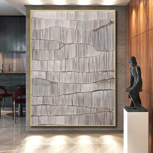 Gray - White Wavy Lines, “Rippled Stillness” - Minimalist Abstract Acrylic Painting CT0719