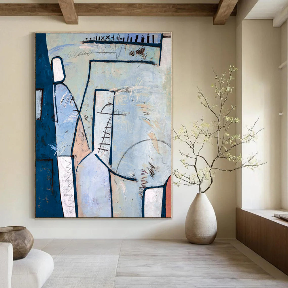 Blue - Toned Geometric Abstract with Linear Details Painting On Canvas CT2393