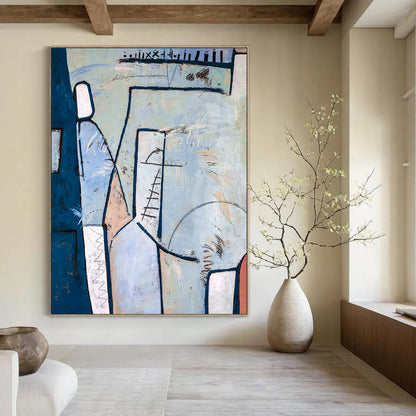 Blue - Toned Geometric Abstract with Linear Details Painting On Canvas CT2393