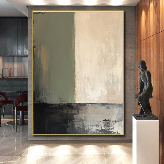 “Green - Beige - Black Abstract Divisions” ，Abstract Acrylic Painting CT0785