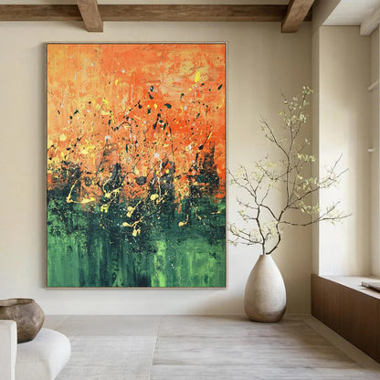 “Orange - Green Splatter Abstract” ，Abstract Expressionist Acrylic Painting CT0926