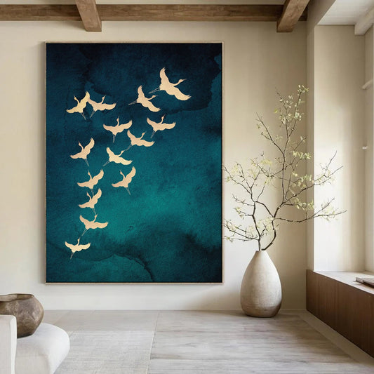 Golden Cranes Teal Blue Wash Oriental Inspired Avian Art CT1919