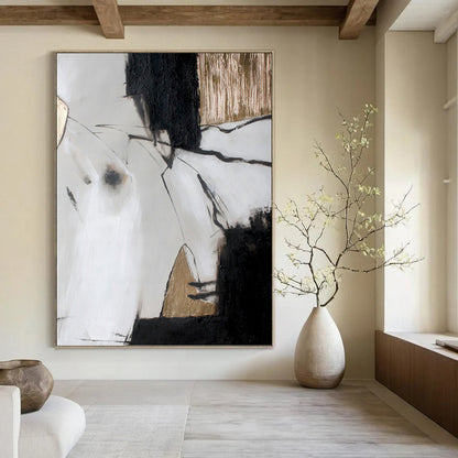 “Black, White & Gold Abstract Lines” - Black, White & Gold Minimalist Painting On Canvas DKH1005