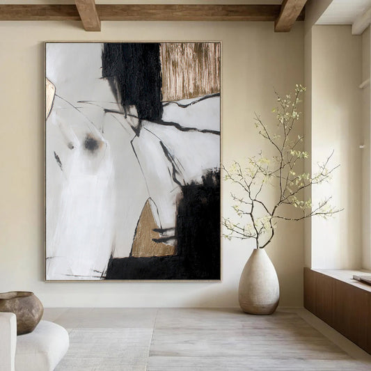 “Black, White & Gold Abstract Lines” - Black, White & Gold Minimalist Painting On Canvas DKH1005
