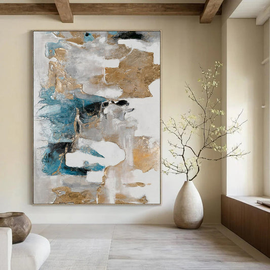 “Gold & Blue Abstraction” - Metallic Abstract Painting On Canvas CT2245
