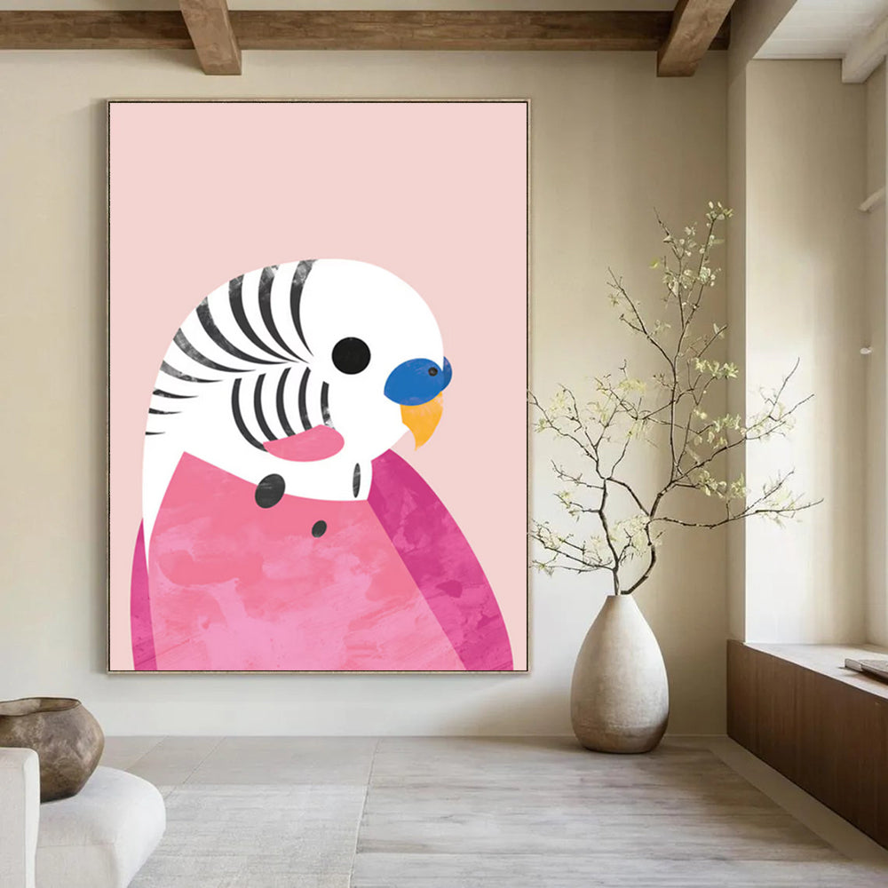 “Pink - Themed Parakeet” - Pink, White, Blue, Yellow Illustration - Style Painting On Canvas DTP227
