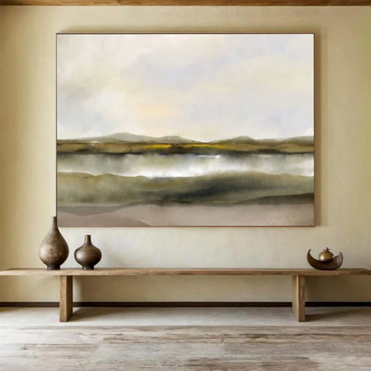 “Muted Tones: Tranquil Lake & Hills” Minimalist Landscape Painting On Canvas DKH361