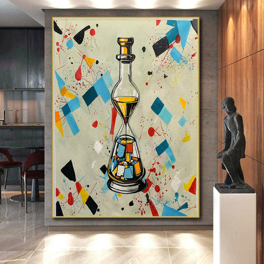 Colorful Geometric Splash with Bottle - Hourglass, “Time in a Kaleidoscope” - Pop - Abstract Mixed - Media Painting CT0718