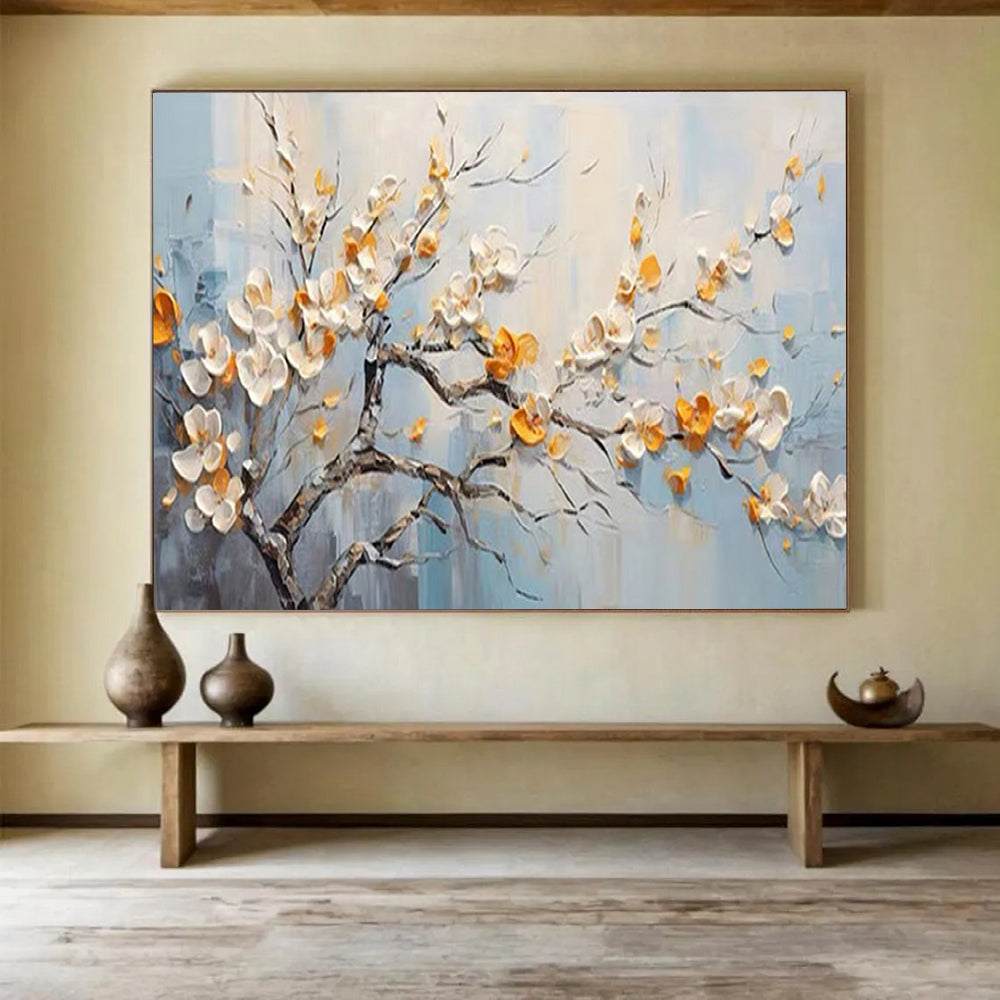 Blooming Tree with White and Orange Flowers - Impasto Floral Painting On Canvas DLZ202
