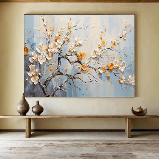 Blooming Tree with White and Orange Flowers - Impasto Floral Painting On Canvas DLZ202