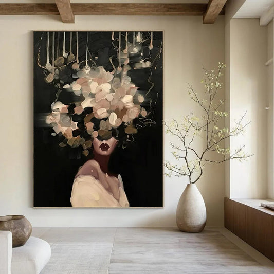 “Black, Beige, White Floral Head ‘Mystic Blooms’” - Figurative Flower Painting On Canvas DTP326