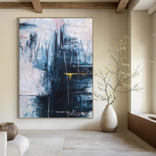 “Blue - Dominant Abstract with Textured Layers and Yellow Accent” - Moody Abstract Painting On Canvas DKH1111