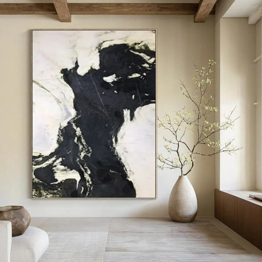 “Black & White Marble - like Abstraction” - Monochromatic Abstract Painting DKH1046
