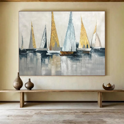 “Gold and Gray Sailboat Abstract” Painting On Canvas DKH169