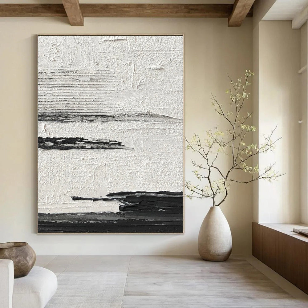 “Black, White, Gray Textured Layers ‘Minimalist Mood’” - Impasto Abstract Painting On Canvas DTP369