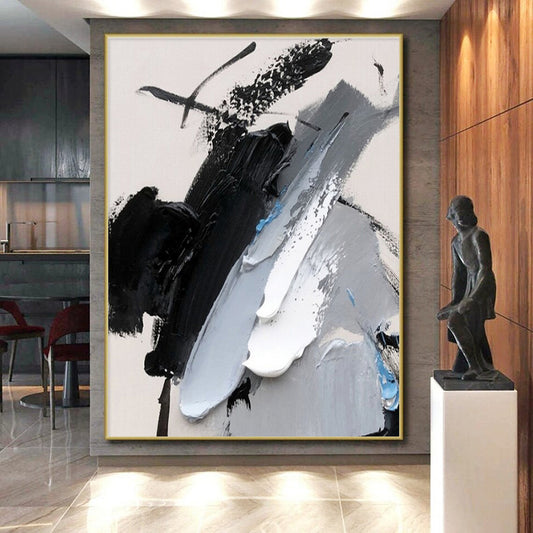 Black, Gray, White & Blue Abstract Strokes, “Chilled Dynamism” - Impasto Abstract Painting CT0777