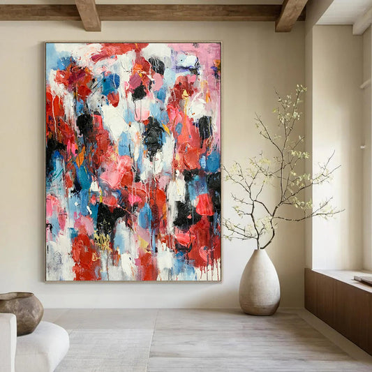 “Crimson & Blue Drip Symphony” - Red & Blue Abstract Expressionist Drip Painting On Canvas DKH1585