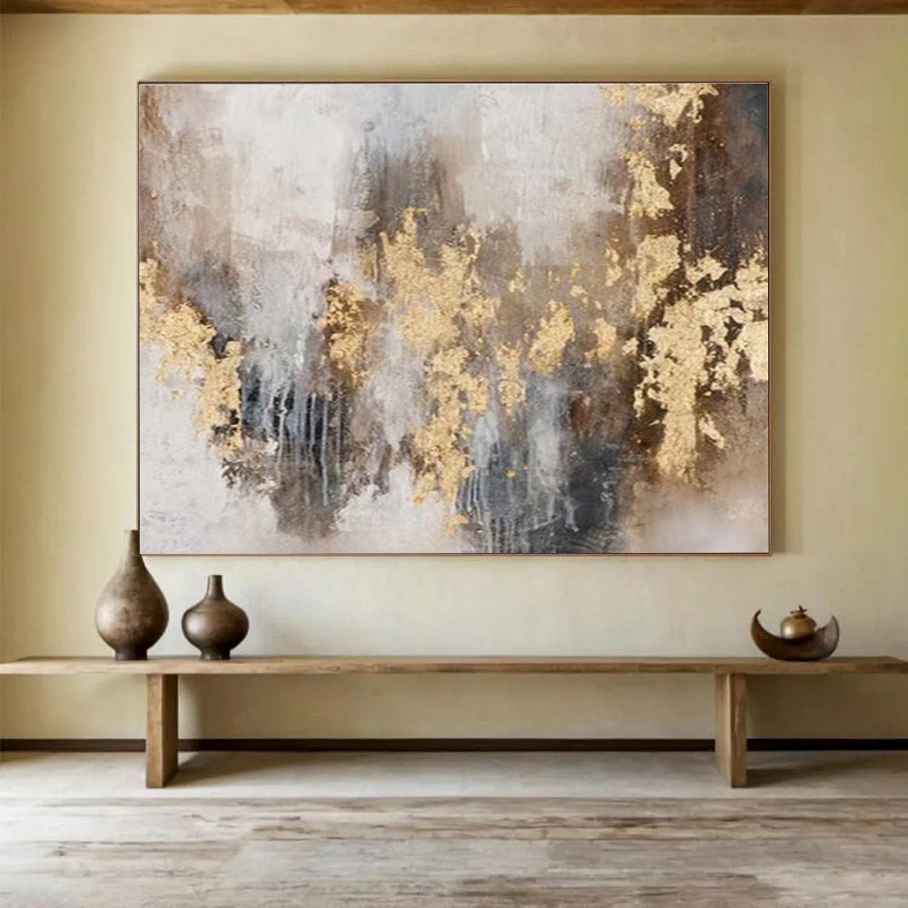 “Gold - Accented Abstract” Abstract Mixed - Media Painting On Canvas DKH413
