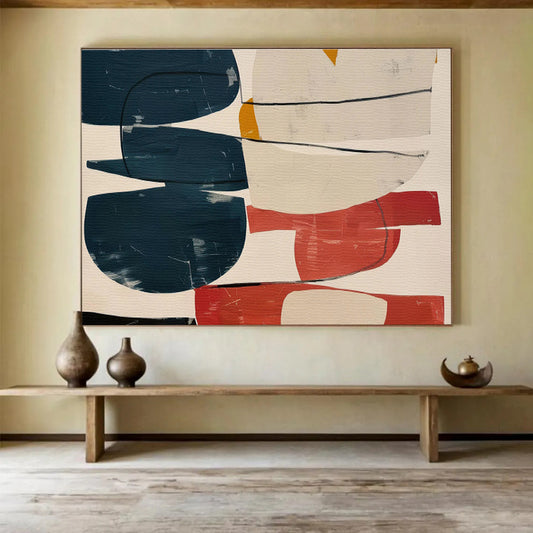 Colorful Geometric Collage with Blue, Red, and Beige, Abstract Modernist Painting On Canvas DKH590