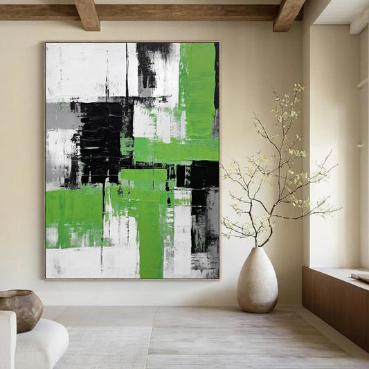 Black, White & Green Abstract - Color - Block Abstract Painting On Canvas CT2267