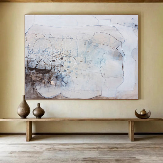 Monochrome Linear Abstract “Subtle Linear Story” Painting On Canvas DKH080