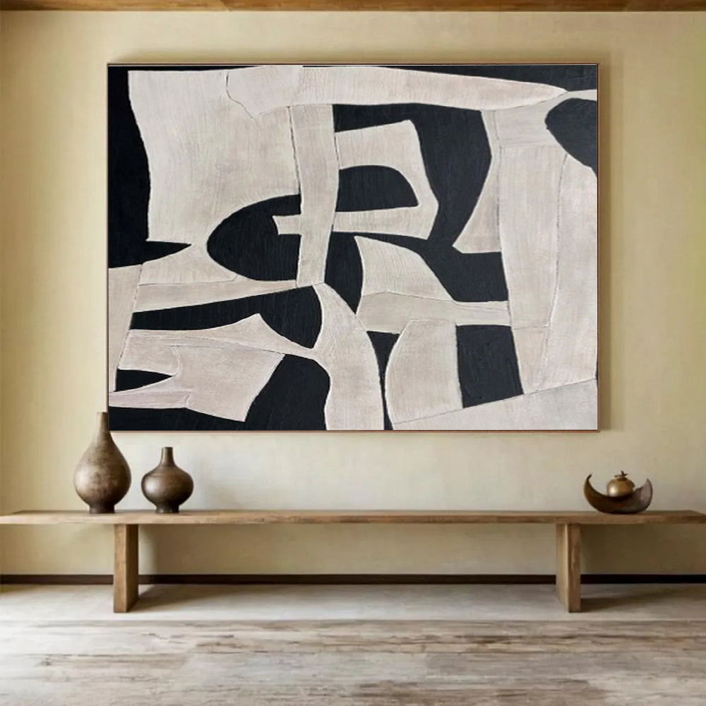 Black and White Geometric Abstract “Dynamic Shape Interplay” Painting On Canvas DKH091