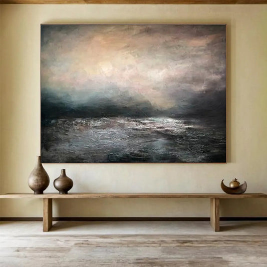 “Moody Sea at Dusk” - Dark Multicolor Impressionistic Seascape Painting On Canvas DKH769